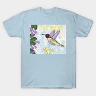 HUMMINGBIRD With Flowers Bird Painting T-Shirt